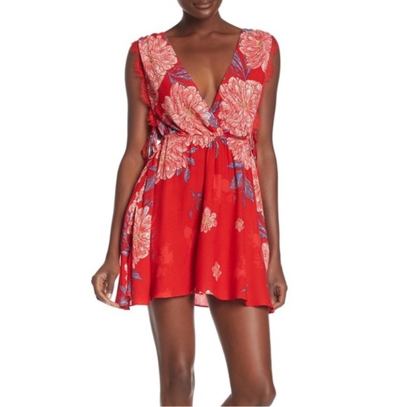 FREE PEOPLE Marnie Floral Peony Lace Wrap Dress Tunic Top Beach Cover Up Tie Bow - Picture 6 of 15